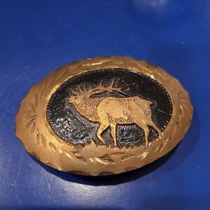 Copper Tone Elk Stag Belt Buckle Oval Black Enamel Wildlife